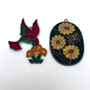Stained Glass Hummingbird & Flower Suncatcher Window Hanging Ornament Set of 2